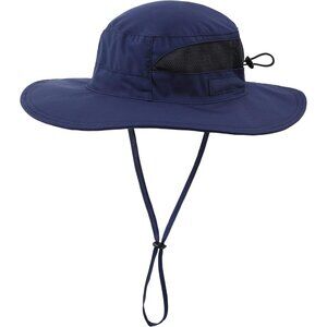 Unisex Navy 100% Polyester Wide Brim Mesh With Chin Strap Classic Camping Hat